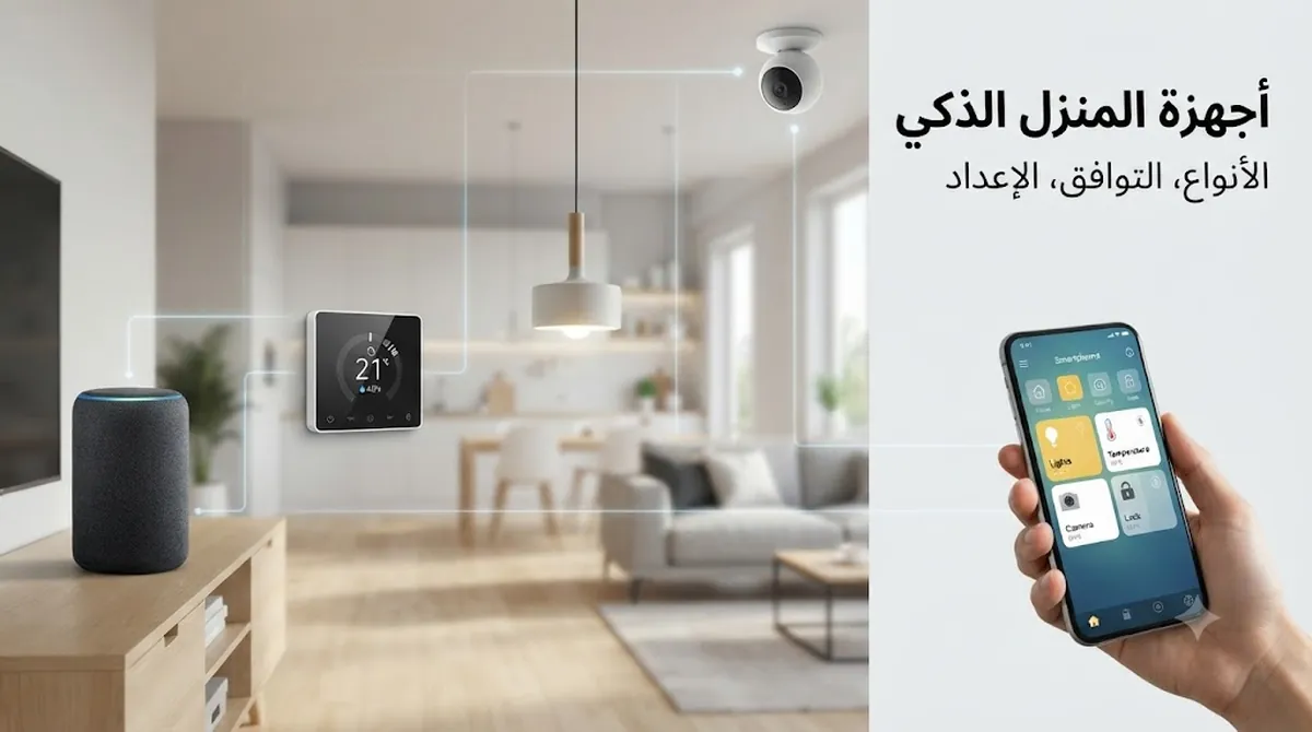 صورة منزل متصل توضح أجهزة منزل ذكي شائعة تعمل معًا