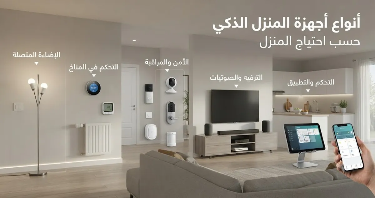 أنواع مختلفة من أجهزة المنزل الذكي مرتبة حسب الاستخدام داخل المنزل