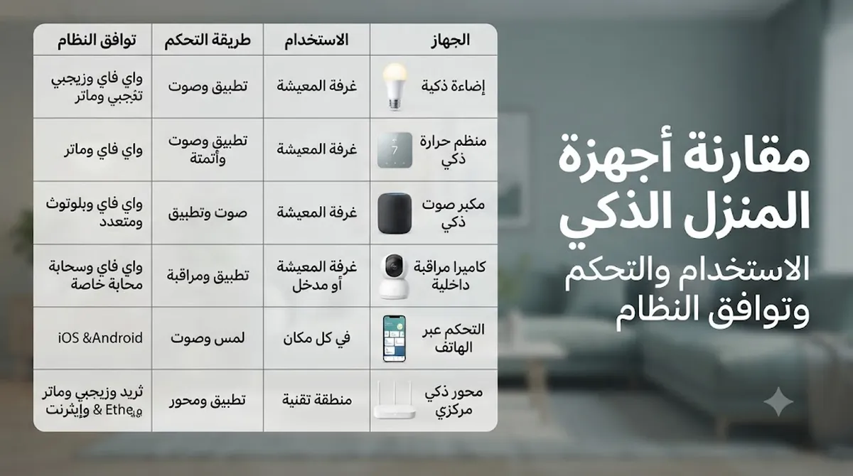 أجهزة منزل ذكي تتم مقارنتها حسب استخدام الغرفة وطريقة التحكم وتوافق النظام