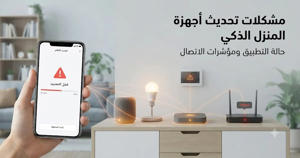 مشكلة تحديث في جهاز منزل ذكي تظهر مع حالة التطبيق ومؤشرات الجهاز المتصل