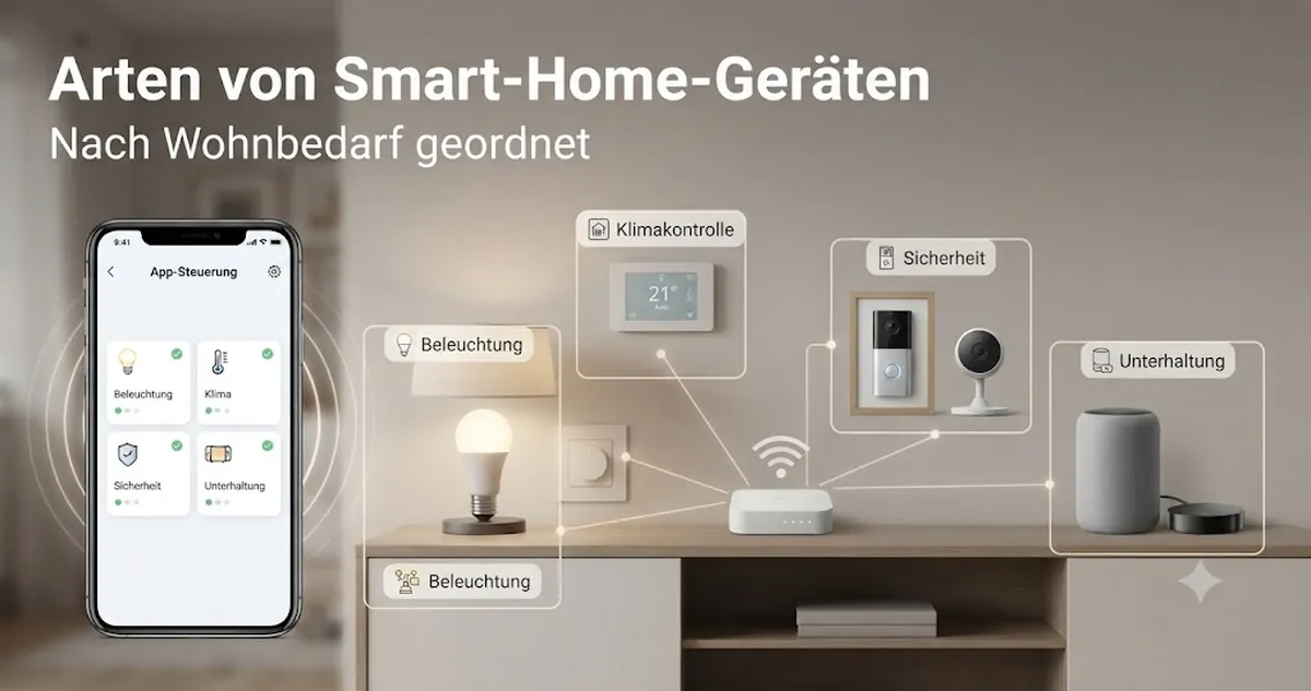 Verschiedene Arten von Smart-Home-Geräten, geordnet nach Nutzung im Zuhause