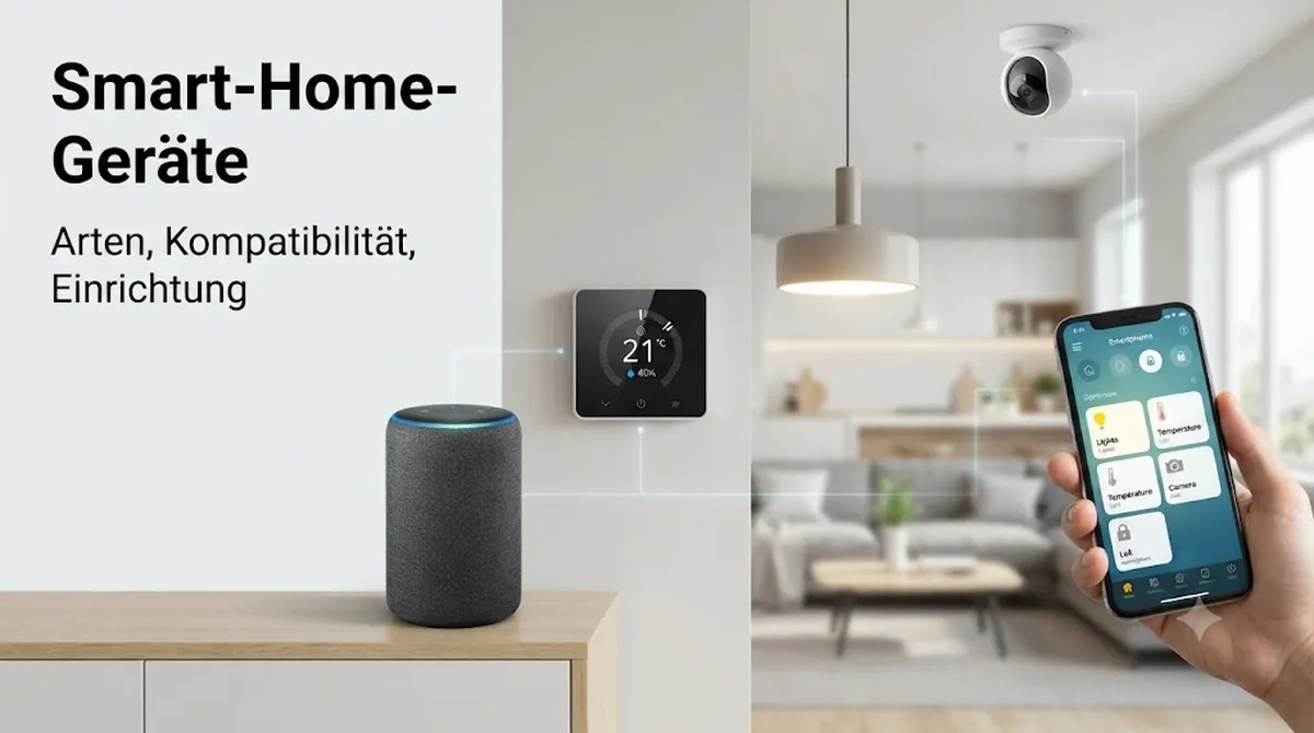 Vernetzte Wohnszene mit gängigen Smart-Home-Geräten, die zusammenarbeiten