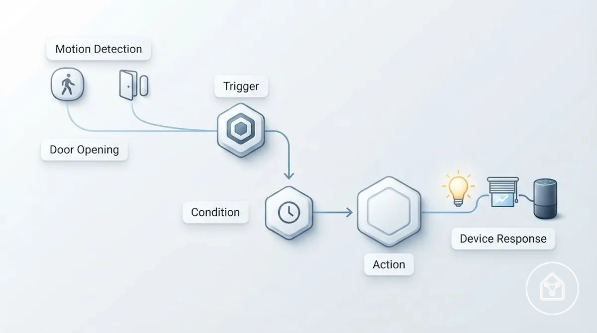 Flussdiagramm, das Auslöser, Bedingung und Aktion in einer Smart-Home-Automationsregel zeigt