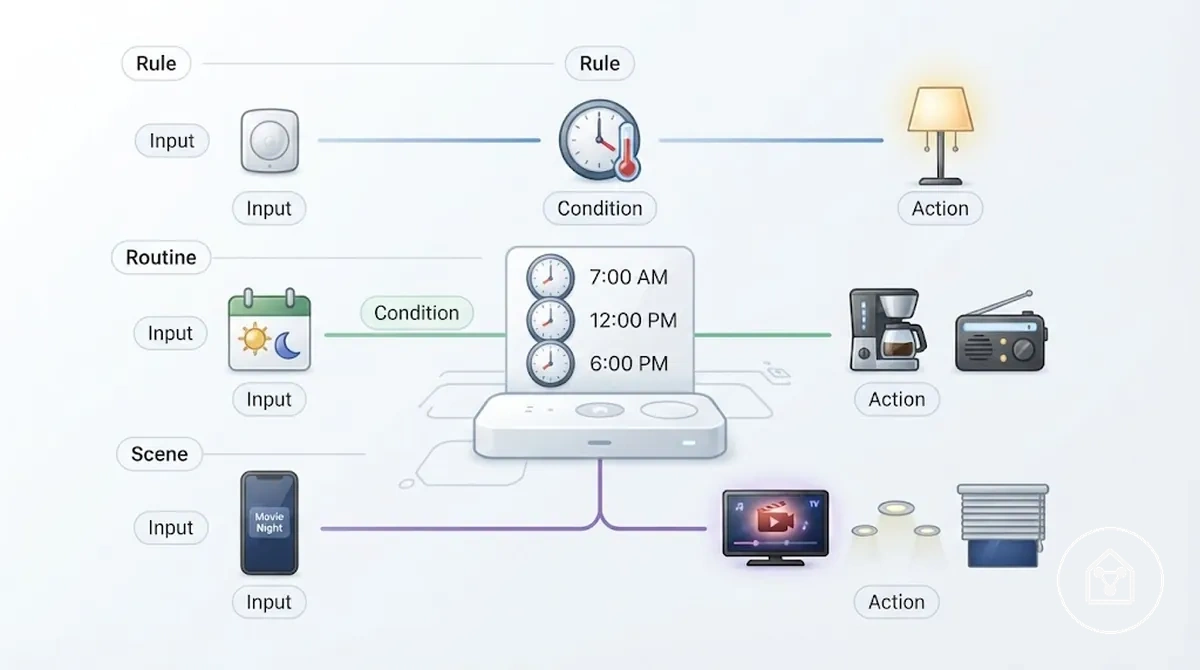 Diagramm, das Automationsregeln, Routinen und Szenen für Smart Home vergleicht
