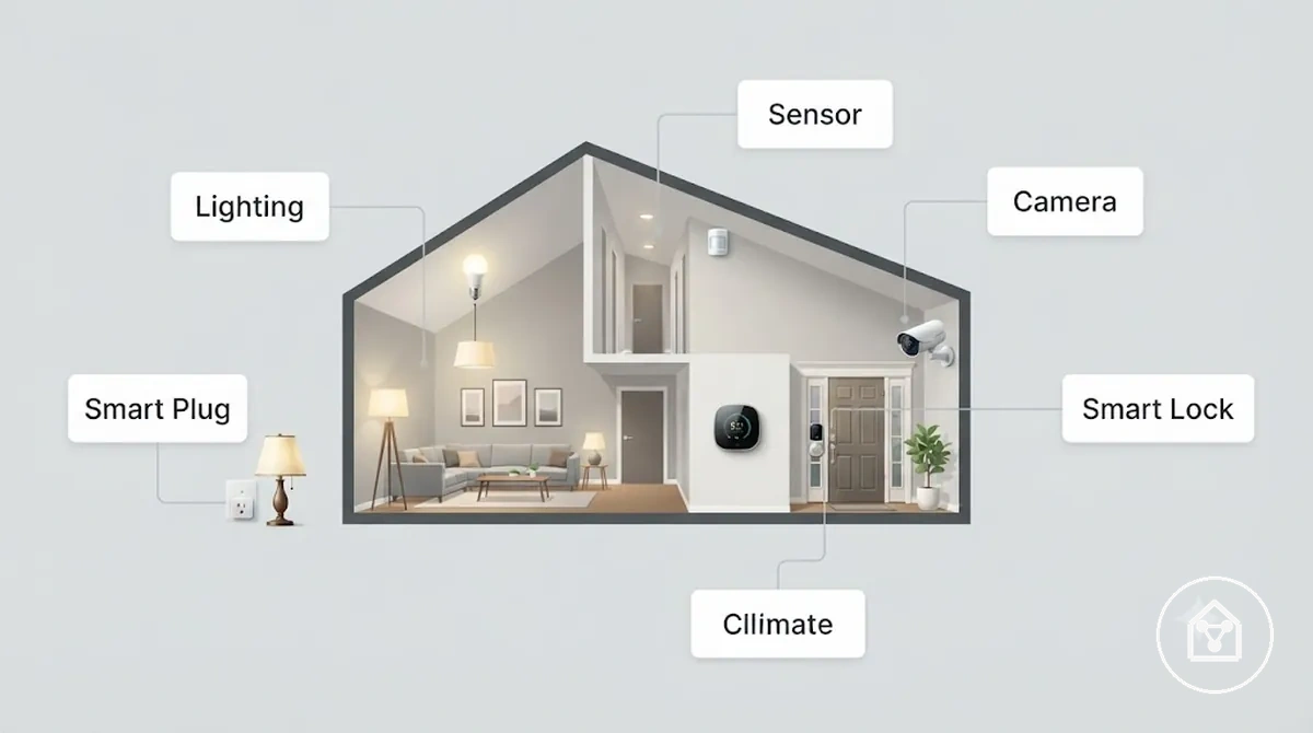 Beleuchtung, Steckdosen, Sensoren, Kameras, Schlösser und Klimageräte, die in typischen Smart-Home-Anwendungen verwendet werden