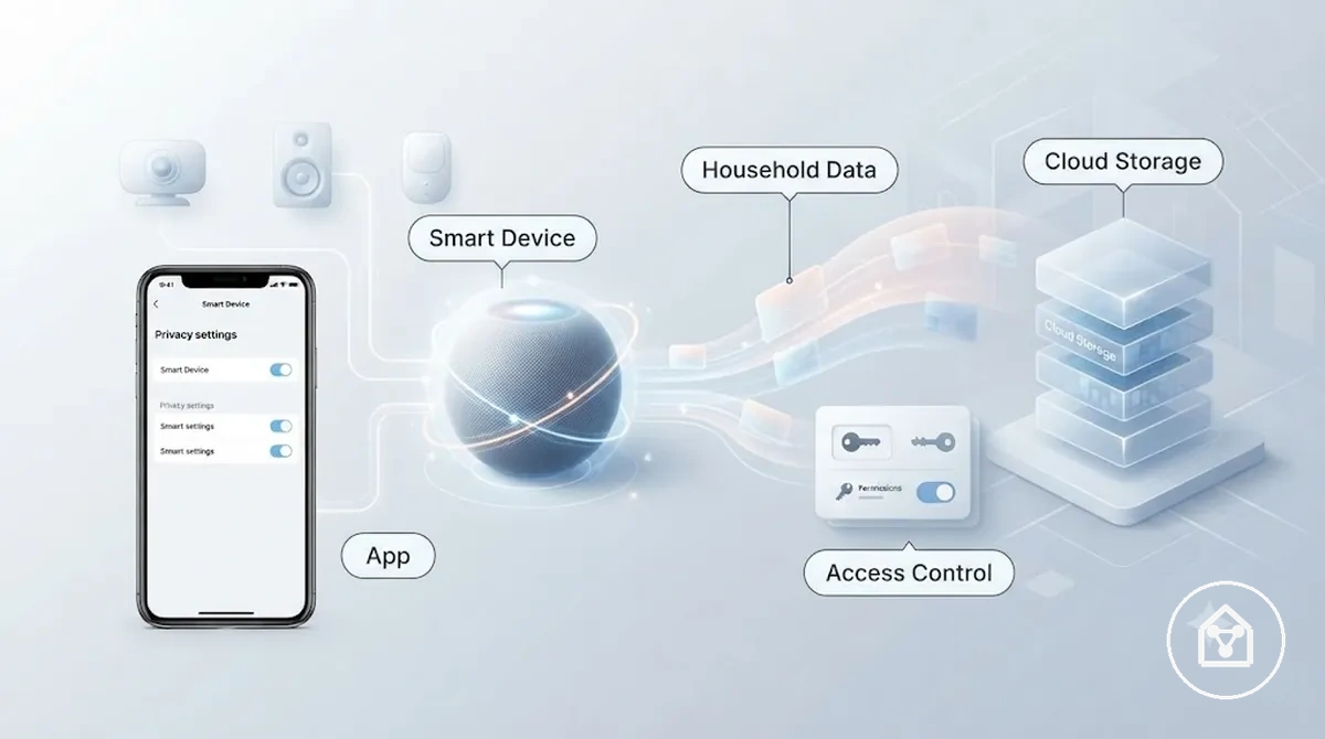 Diagramm, das zeigt, wie Datenschutz bei Smart-Home-Geräten Geräte, Apps, Haushaltsdaten und Zugriffskontrollen verbindet.