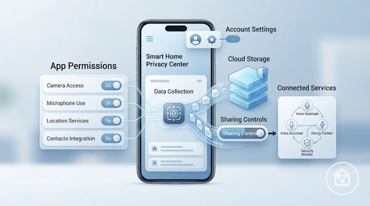 Kommentierte Datenschutzeinstellungen einer Smart-Home-App mit Berechtigungen, Cloud-Speicher, Freigabekontrollen und verbundenen Diensten.