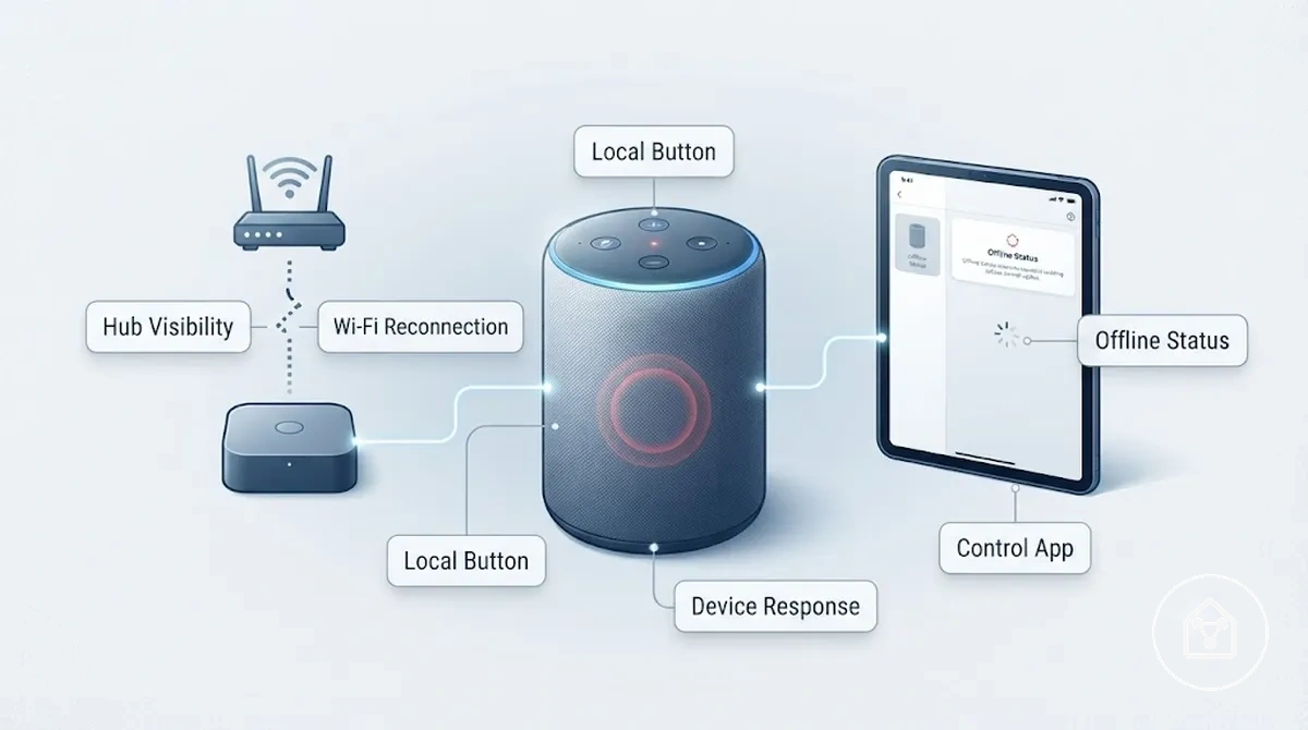 Smart-Home-Gerät nach Update offline mit App-Status und Hub-Verbindungshinweisen