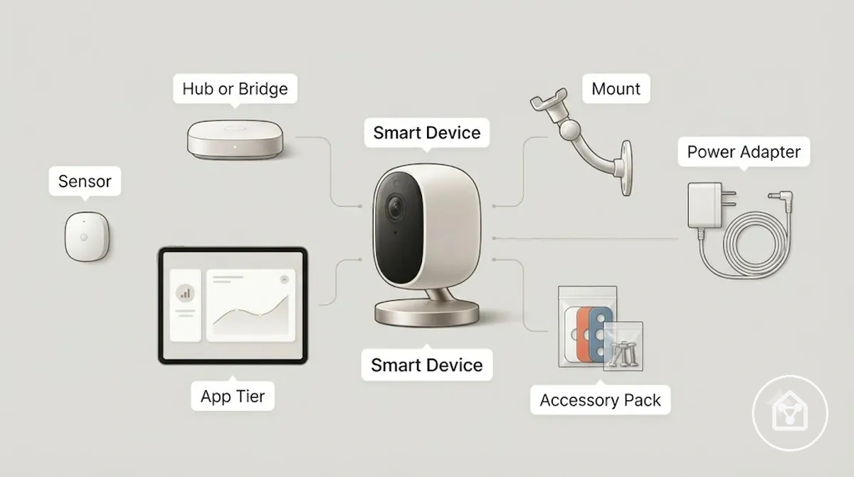 Aufbau eines Smart-Home-Geräts mit Kennzeichnung der Kosten für Hardware, Hub, App und Zubehör