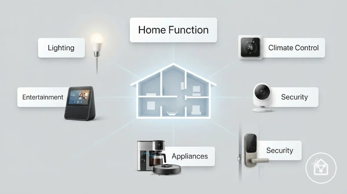 Hauptkategorien von Smart-Home-Geräten, gruppiert nach Haushaltsfunktion