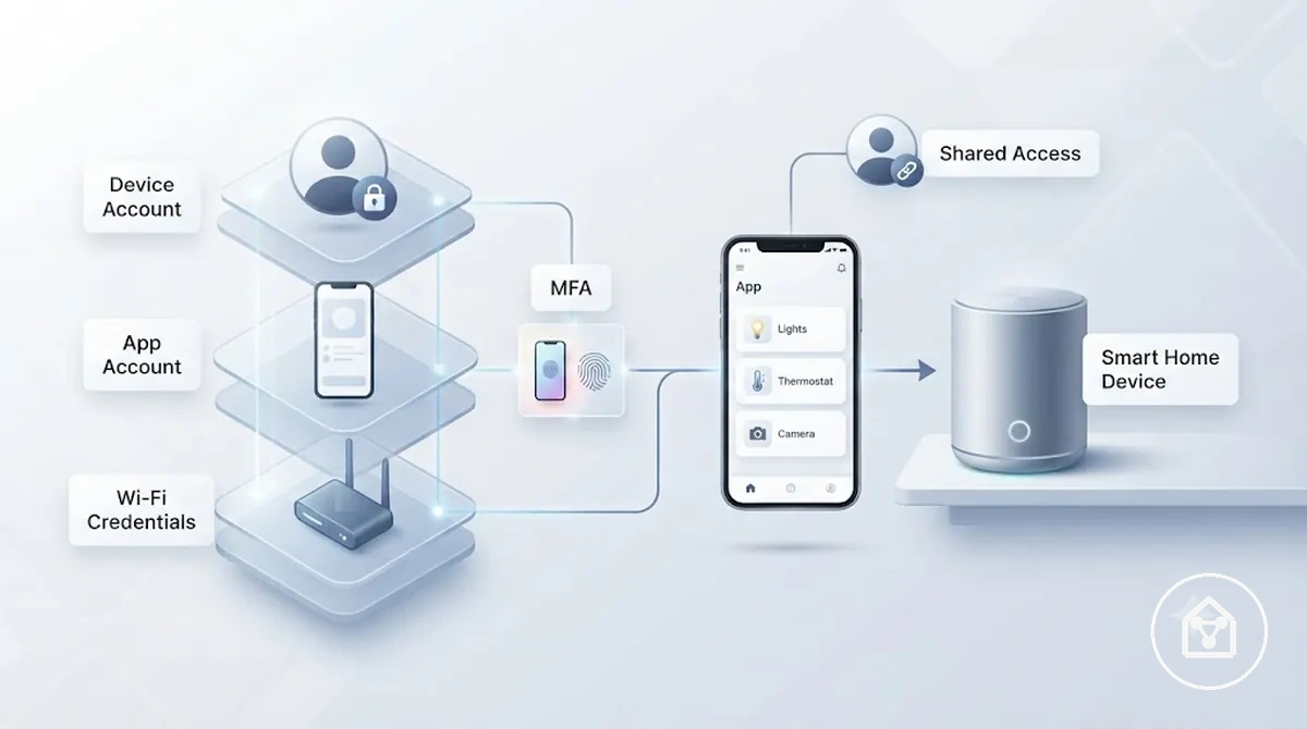 Diagramm der Konto-, App-, WLAN- und Multi-Faktor-Authentifizierungsebenen für die Sicherheit von Smart-Home-Geräten