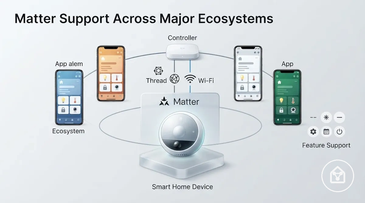 Matter Smart-Home-Kompatibilität dargestellt mit Controller- und Funktionsunterstützungsgrenzen in den Systemen