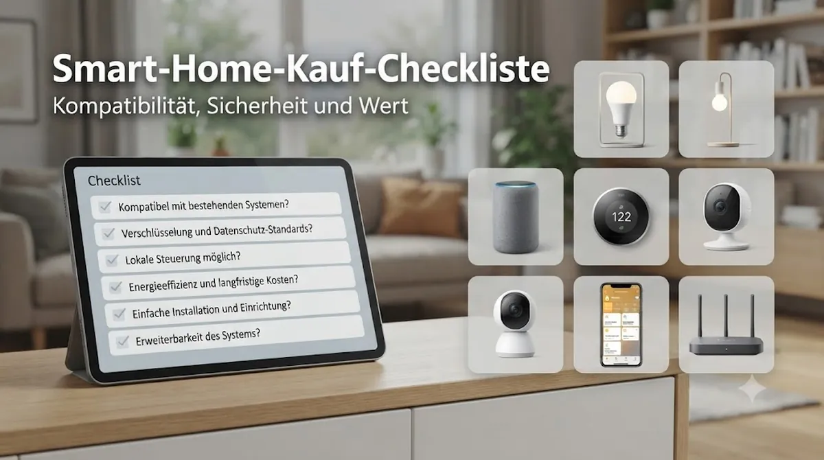 Kauf-Checkliste für Smart-Home-Geräte mit Prüfungen zu Kompatibilität, Sicherheit und Wert