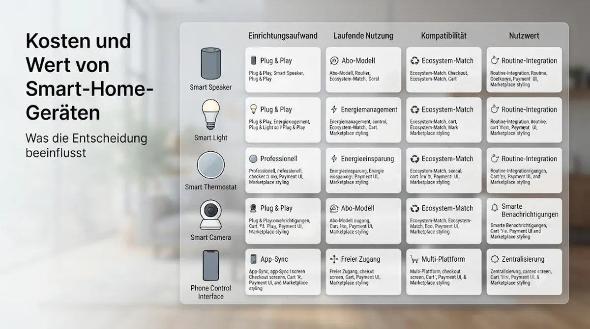 Smart-Home-Geräte, angeordnet zum Vergleich von Kosten- und Wertfaktoren