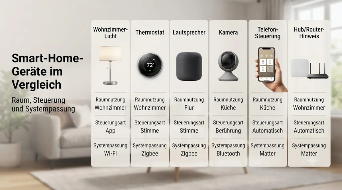 Smart-Home-Geräte im Vergleich nach Raum, Steuerungsart und Systempassung