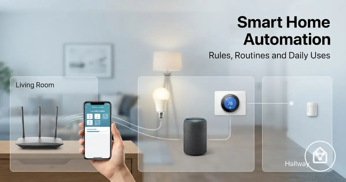 Smart home devices controlled by automation routines and room-based rules