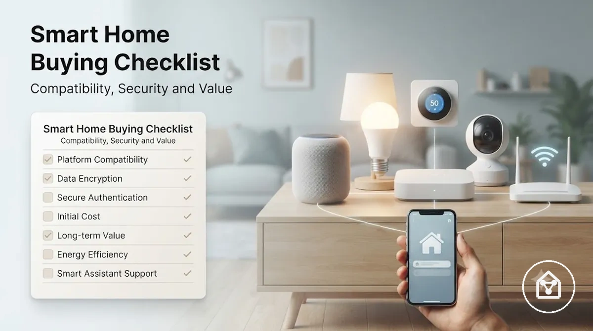 Smart home device buying checklist with compatibility, security, and cost-value checks