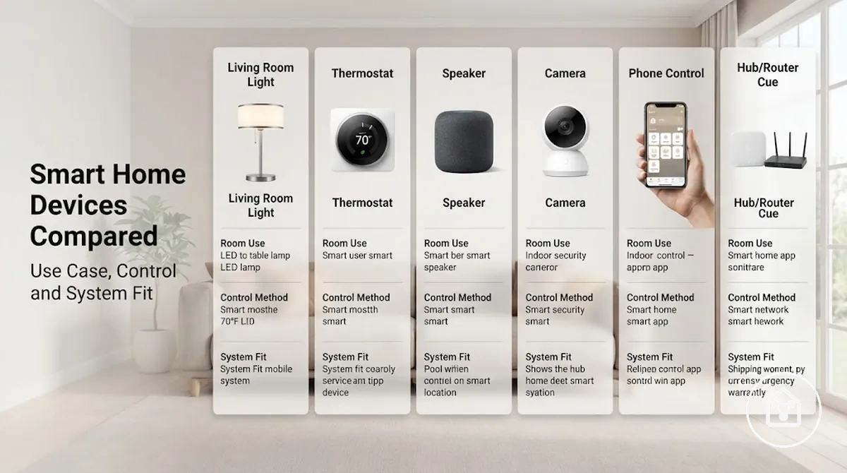 Smart home devices compared by room use, control method, and system fit