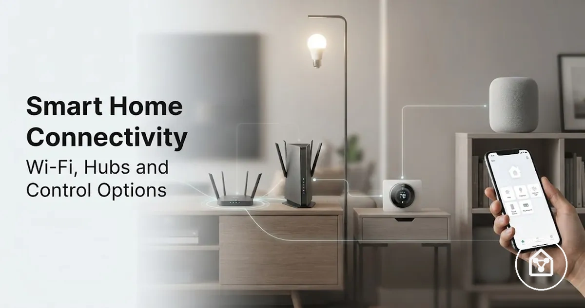 Smart home hub, Wi-Fi router, and connected devices in a home setup