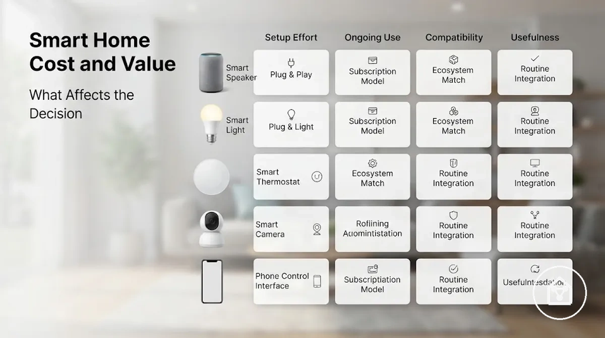Smart home devices arranged with cost and value factors for comparison
