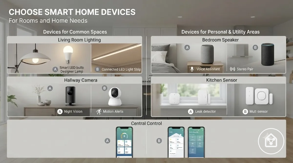 Smart home devices being compared for different rooms and home needs