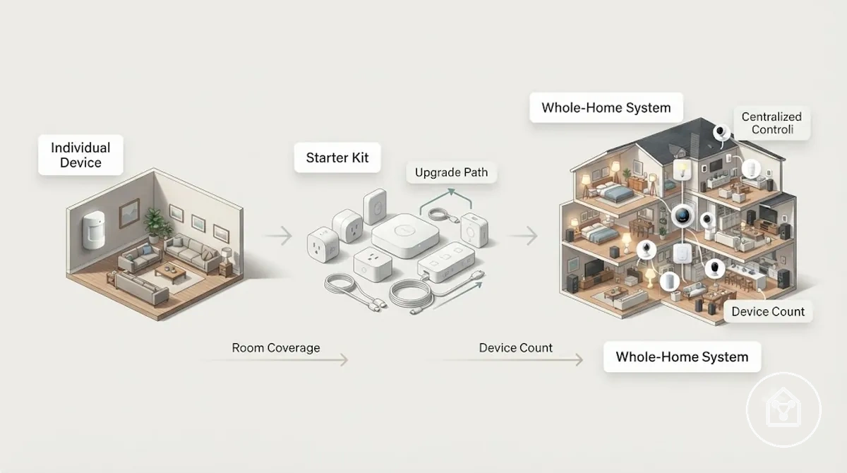 Comparison of individual smart home devices, starter kits, and whole-home systems by cost boundary