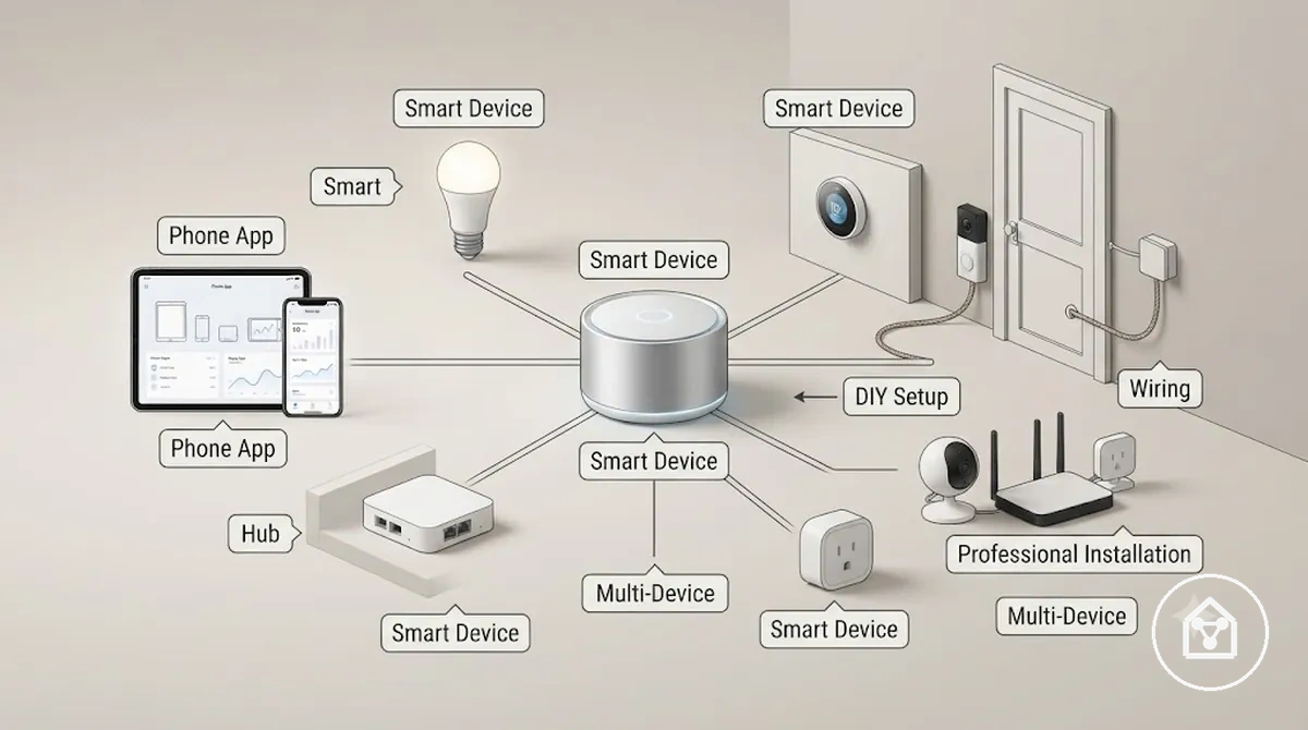 Smart home setup showing device, app, hub, and integration points that can affect cost