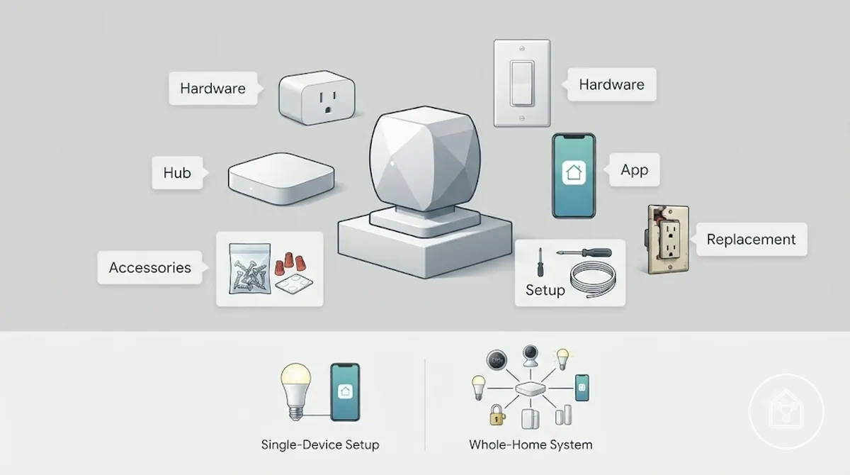 Smart home device cost components including hardware, hub, app, accessories, and setup