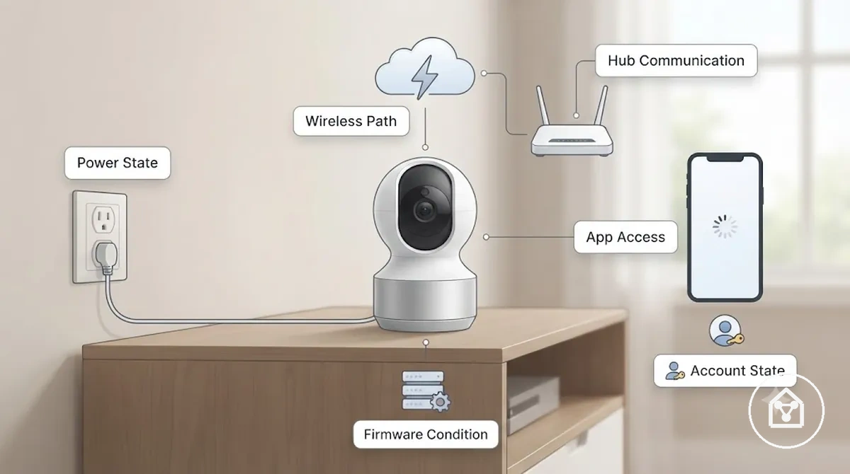 Diagram of common smart home device problem causes including power, Wi-Fi, hub, app, and firmware