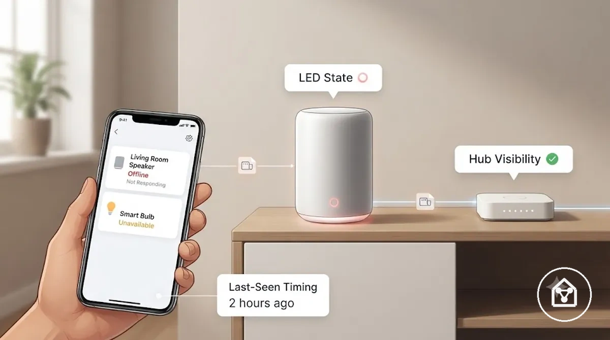 Offline smart home device status with app label and device indicator light