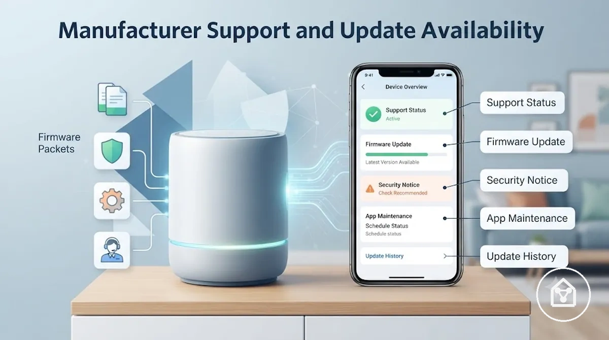 Annotated smart home device app showing firmware version, update availability, and manufacturer support indicators