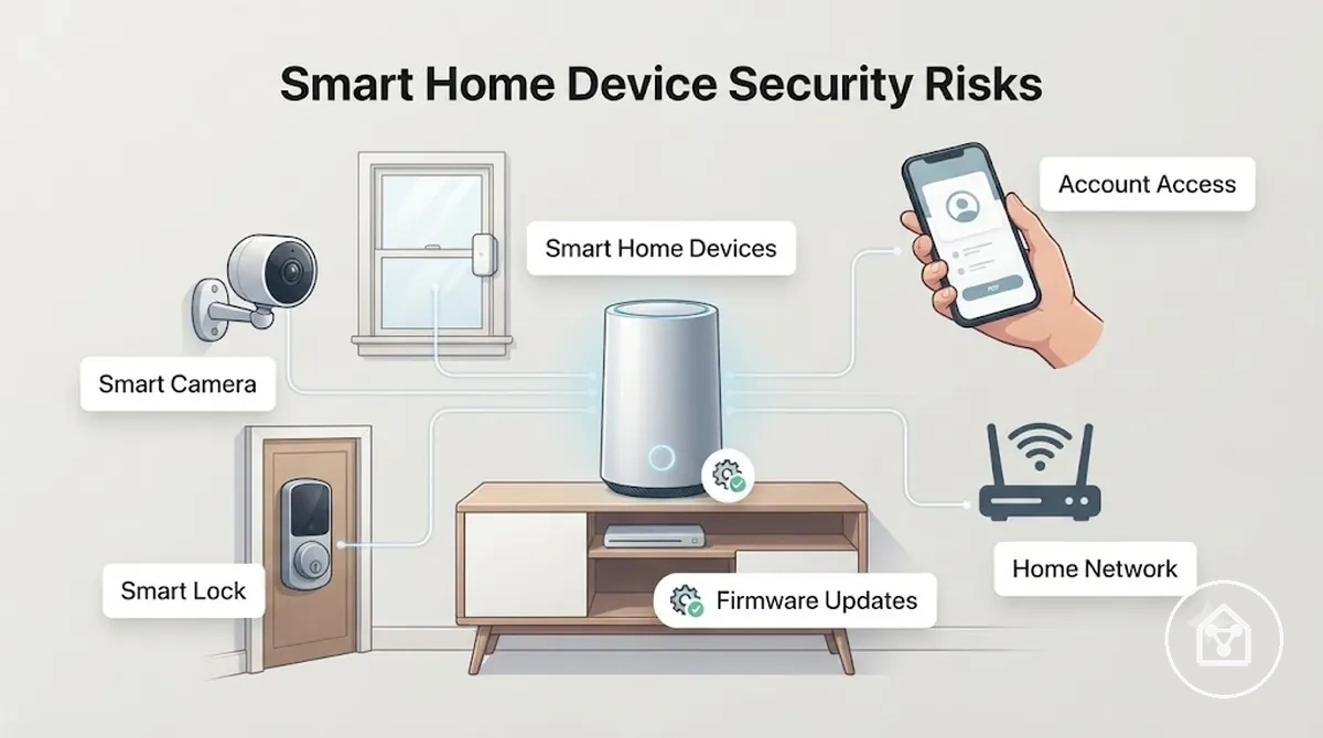 Diagram of smart home device security risks across account access, router settings, updates, and connected devices