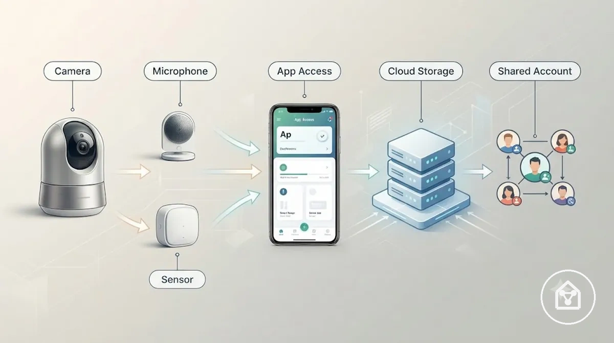 Diagram of privacy risks from smart home cameras, sensors, apps, cloud storage, and shared access.