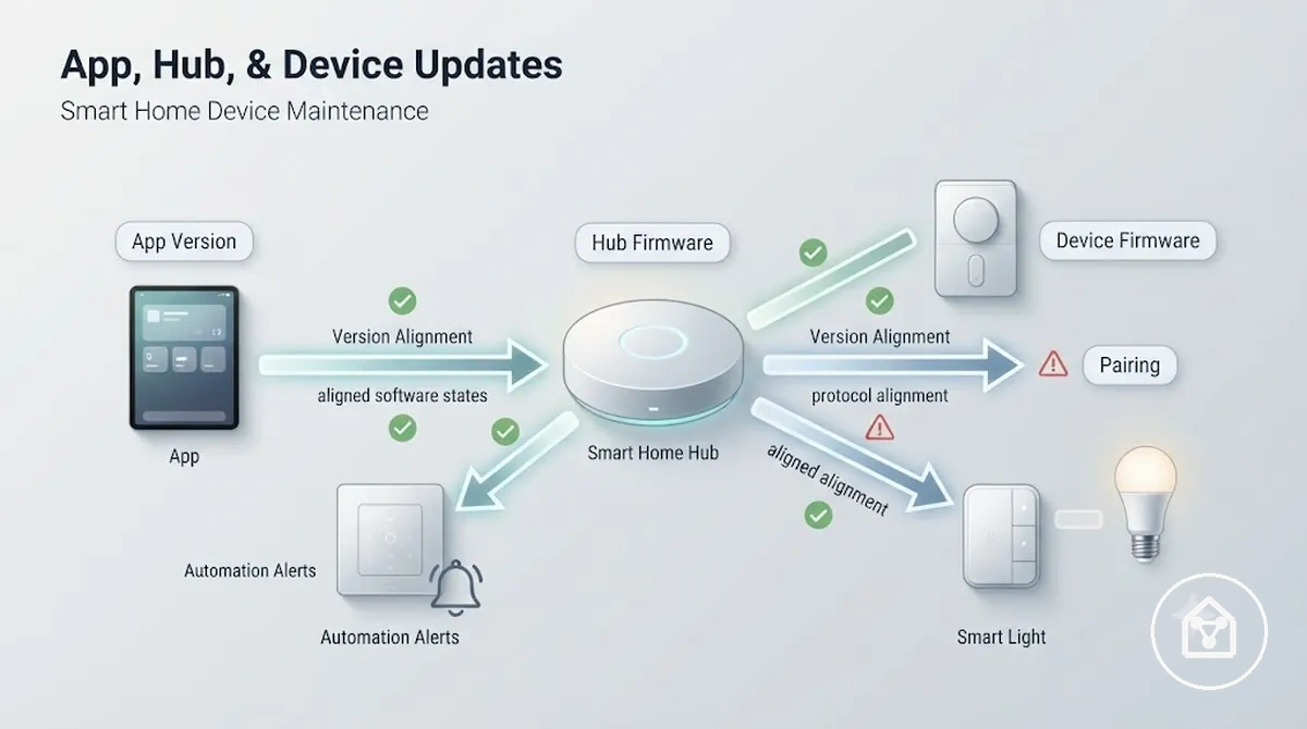 Diagram showing app hub and device versions aligned with update status