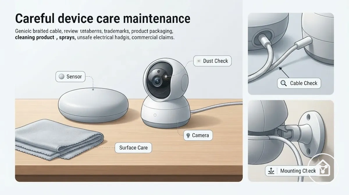 Smart home sensor and camera with safe cleaning and condition inspection cues