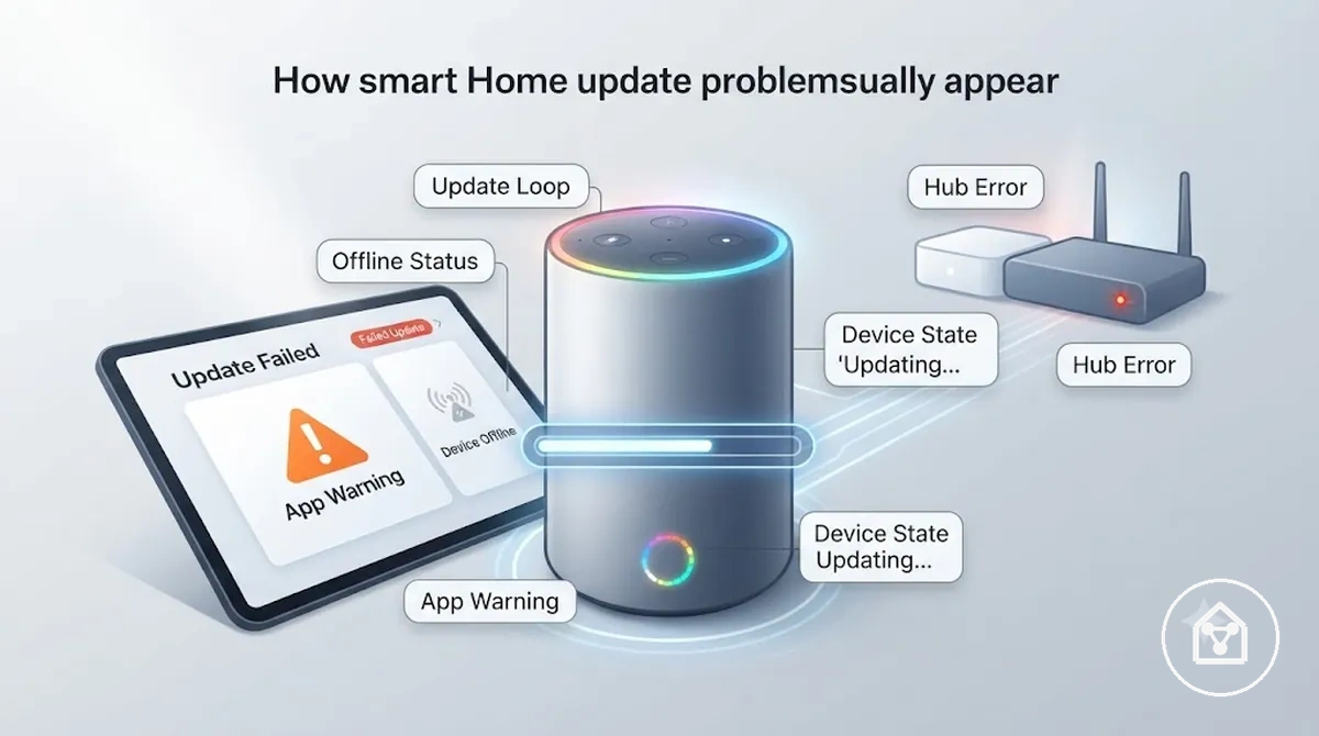 Common smart home update problem signs shown on a device and control app