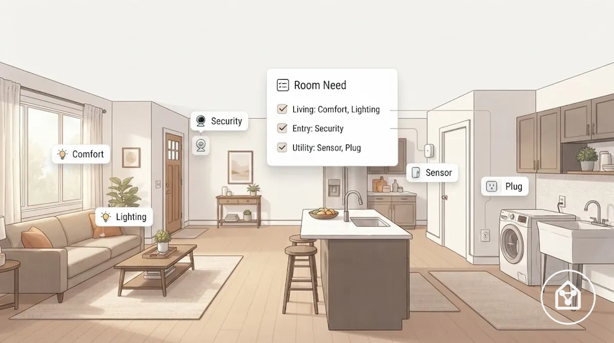 Room-based smart home device priorities for lighting security plugs sensors and comfort