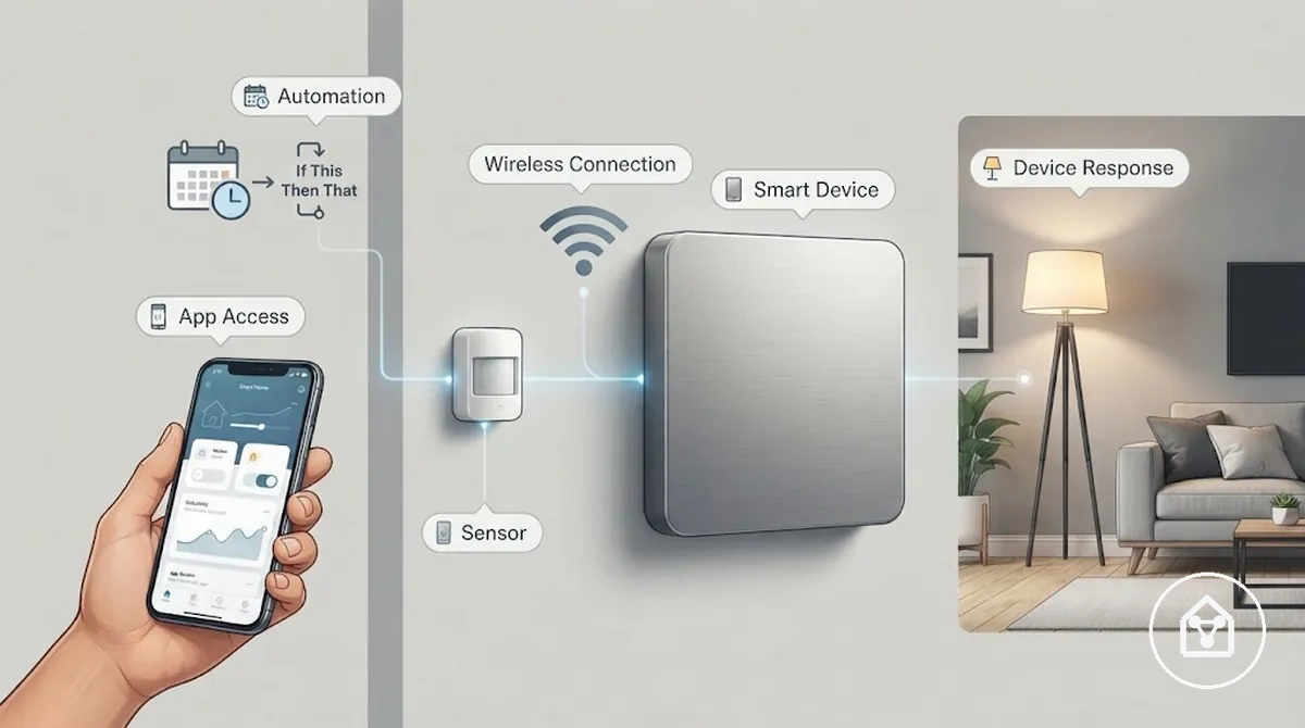 Labeled smart home device showing sensor, app access, wireless connection, and automated response