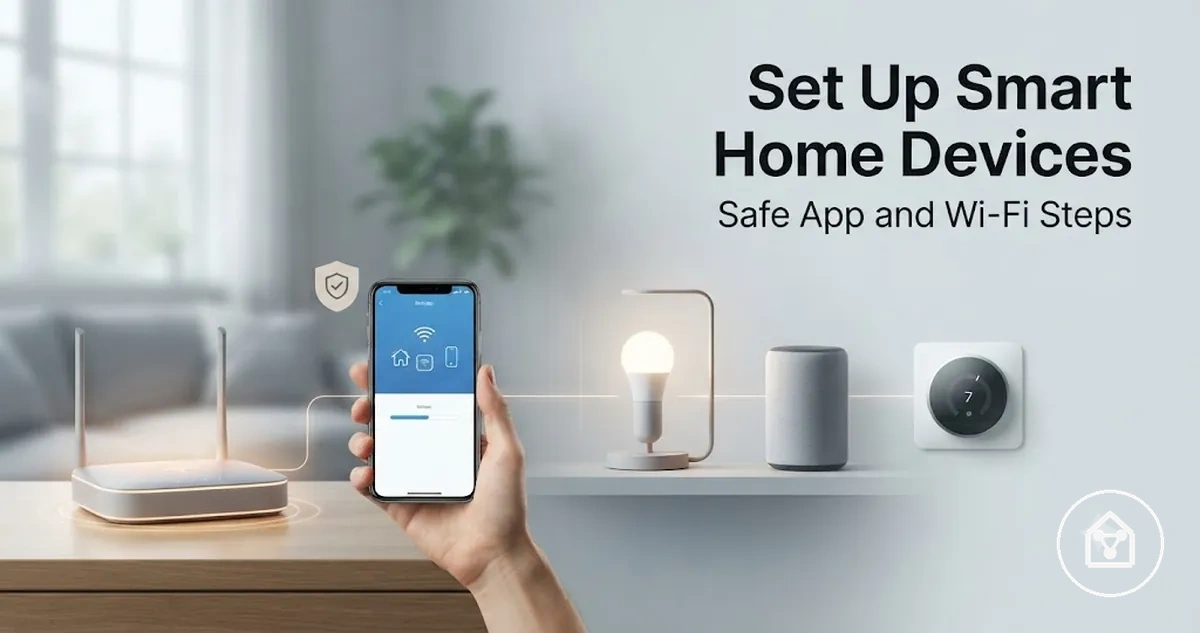 Smart home devices being set up with a phone app and home Wi-Fi network