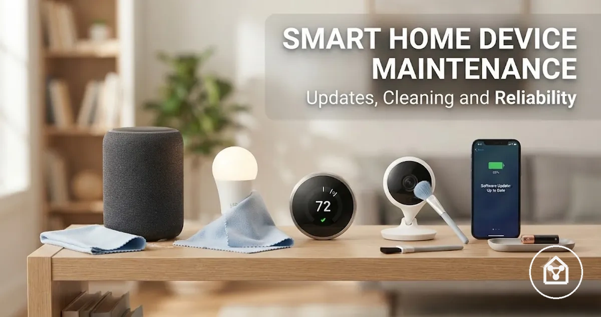 Smart home devices being maintained with cleaning, battery, and update checks
