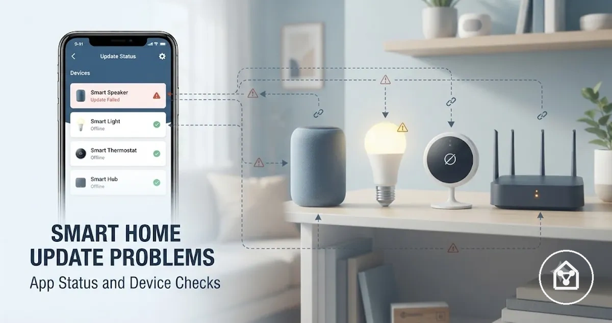 Smart home device update problem shown with app status and connected device indicators