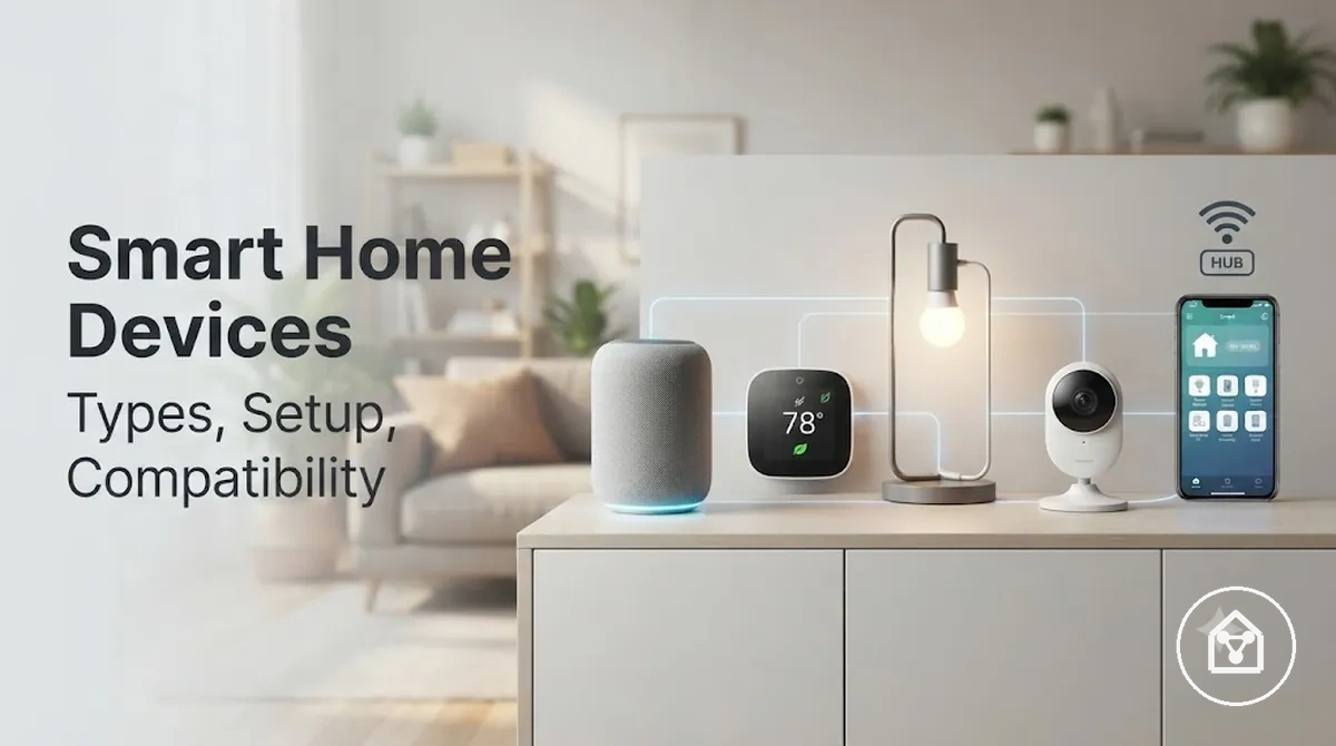 A connected home scene showing common smart home devices working together