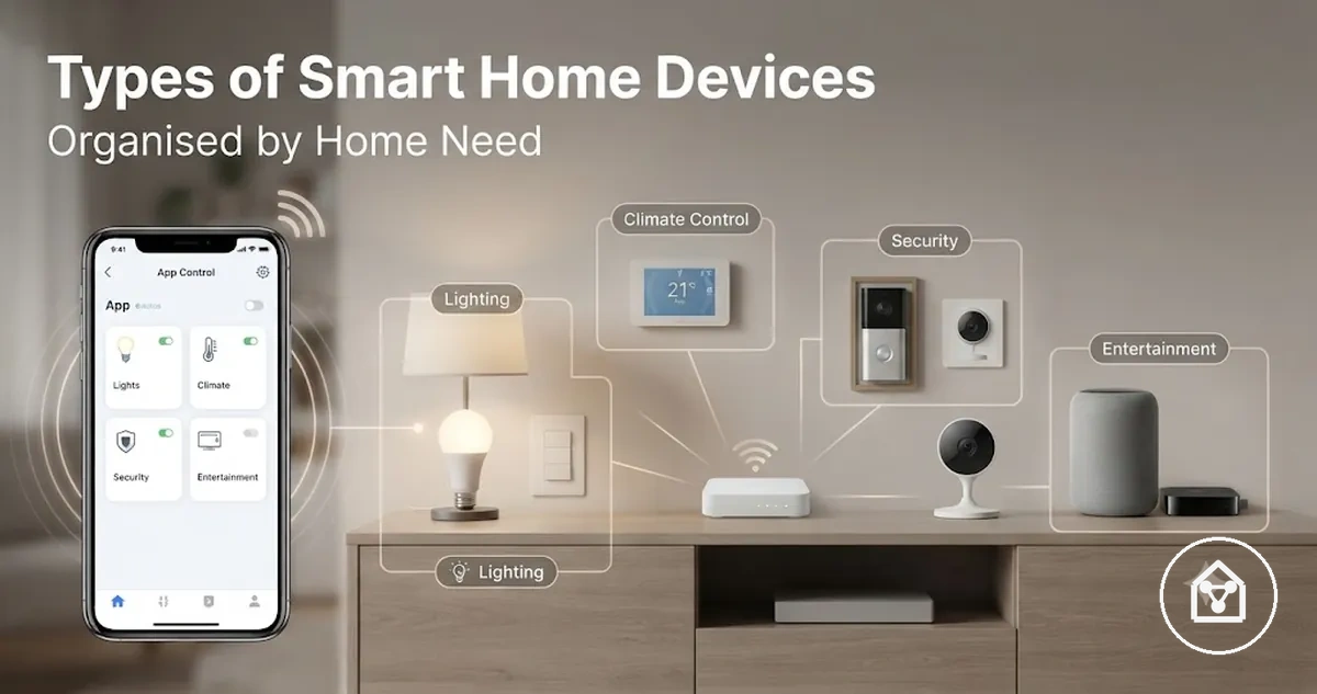 Different types of smart home devices arranged by home use