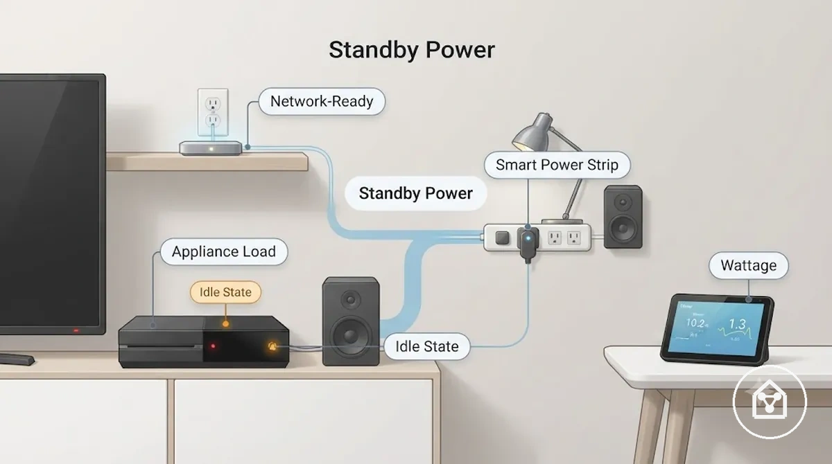 Diagrama de energía en espera en hogares inteligentes que muestra dispositivos conectados y electrodomésticos en modo inactivo