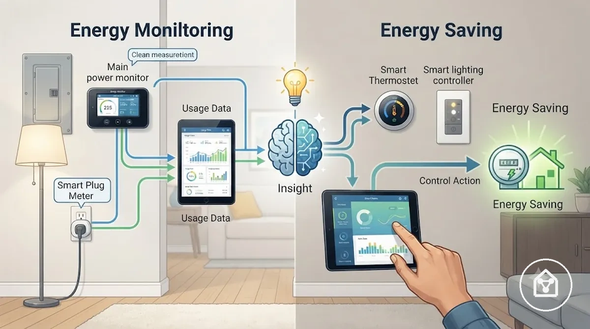 Pantalla de monitorización de energía en hogar inteligente comparada con acciones de control que reducen el desperdicio de electricidad