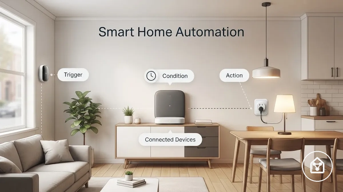 Diagrama que muestra un disparador de automatización de hogar inteligente, una condición y una acción del dispositivo