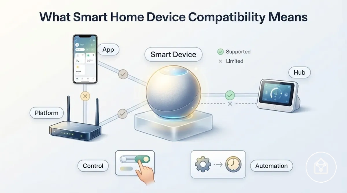 Compatibilidad de dispositivos de hogar inteligente mostrada mediante aplicación, red, concentrador y soporte de control