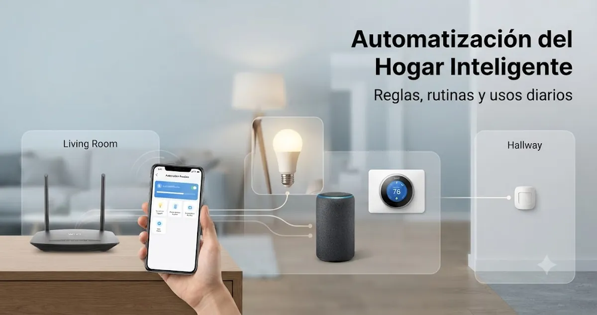 Dispositivos de hogar inteligente controlados mediante rutinas de automatización y reglas por habitación