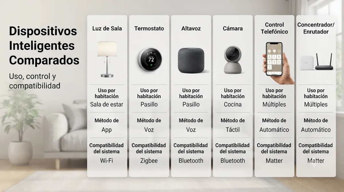 Dispositivos de hogar inteligente comparados por habitación, método de control y compatibilidad del sistema