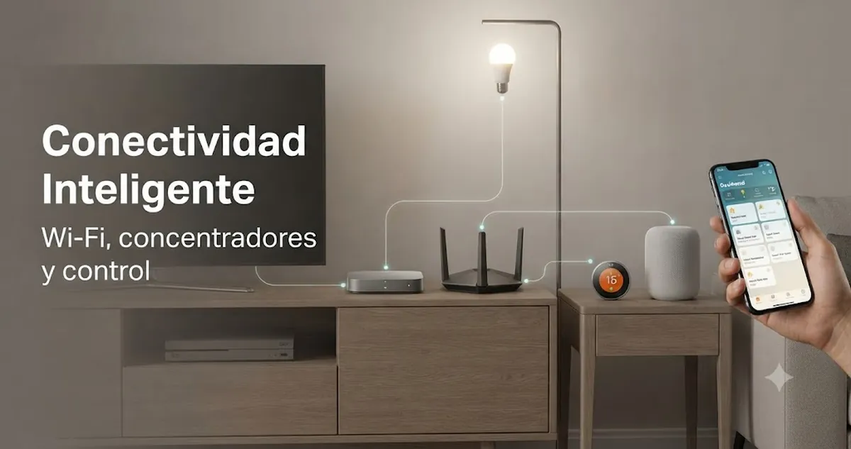 Concentrador de hogar inteligente, router Wi-Fi y dispositivos conectados en una instalación doméstica